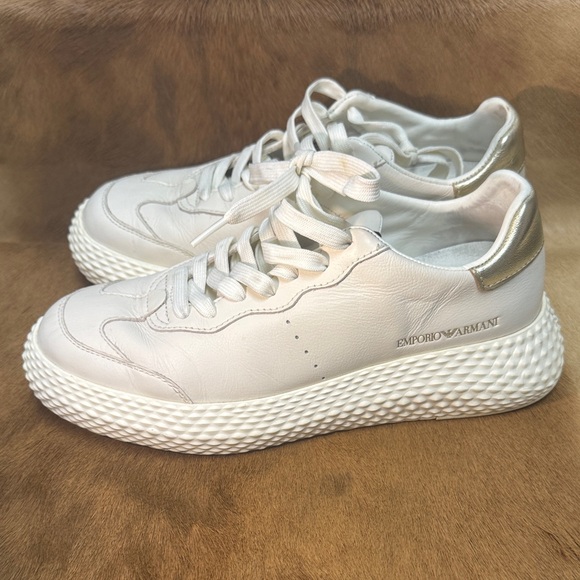 EMPORIO ARMANI CHUNKY LEATHER SNEAKERS WITH GOLD BACK WOMENS SIZE 8 M US/39 EUR - Picture 1 of 13